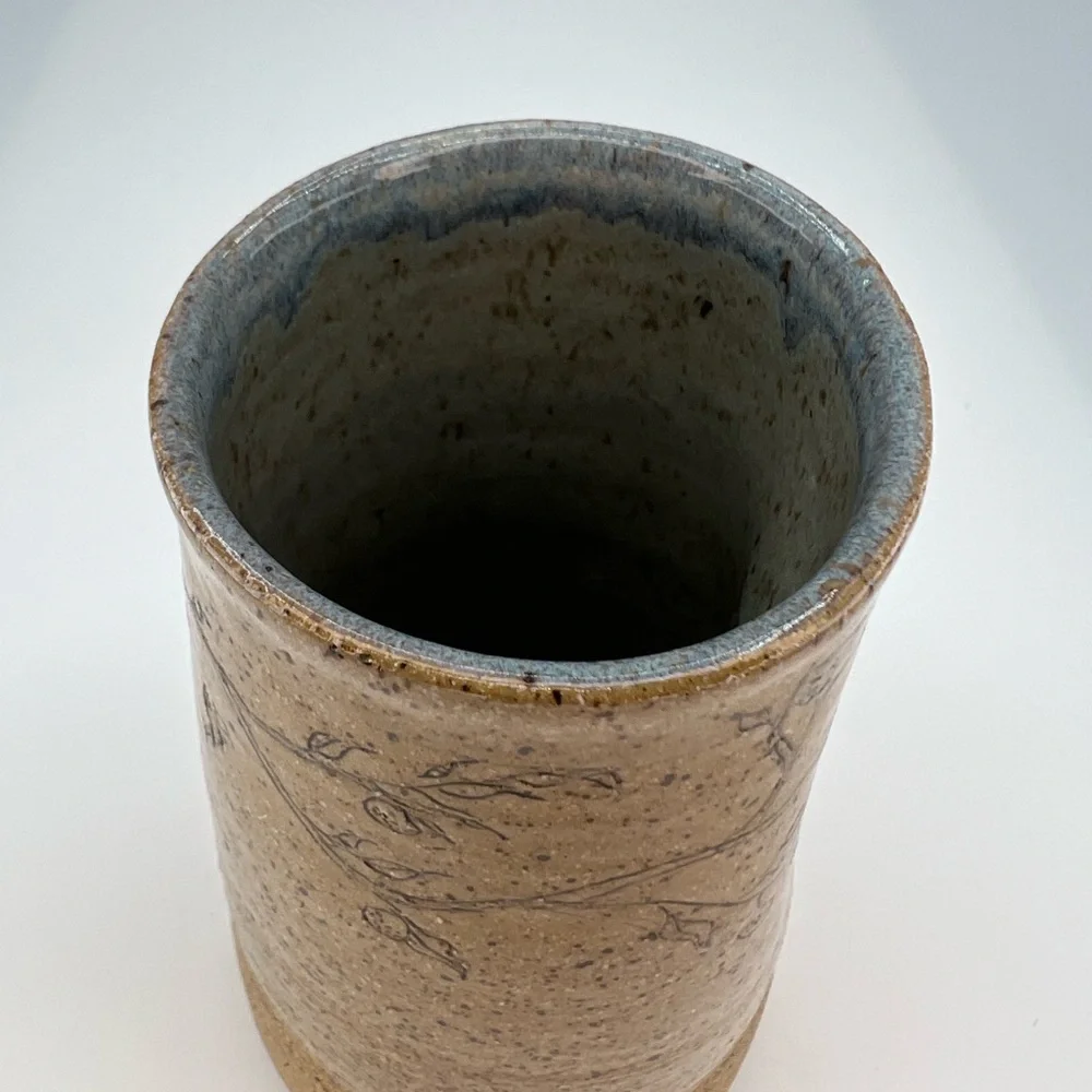 Folk Art Sandstone Pottery Vase “One Day At A Time” Fauna Print Artist Signed
